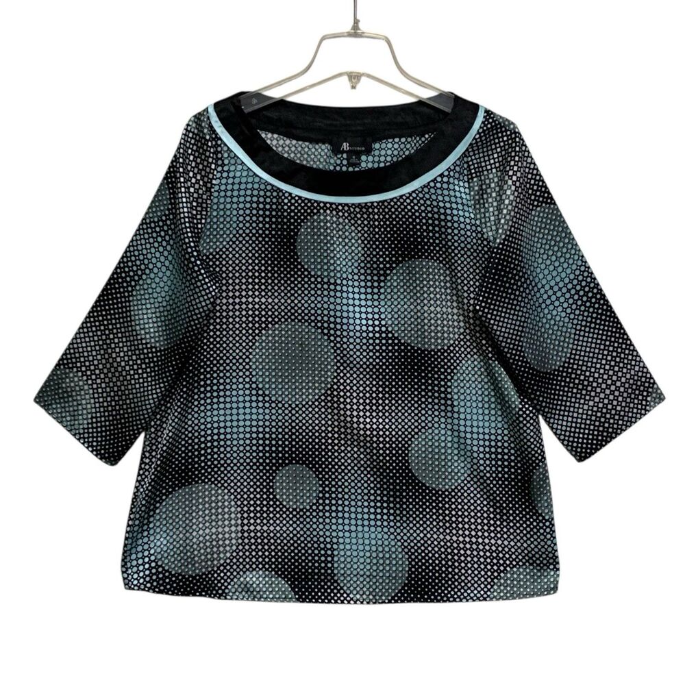 AB Studio Blouse Womens Med Teal Green Black polka dot 3/4 Sleeve
